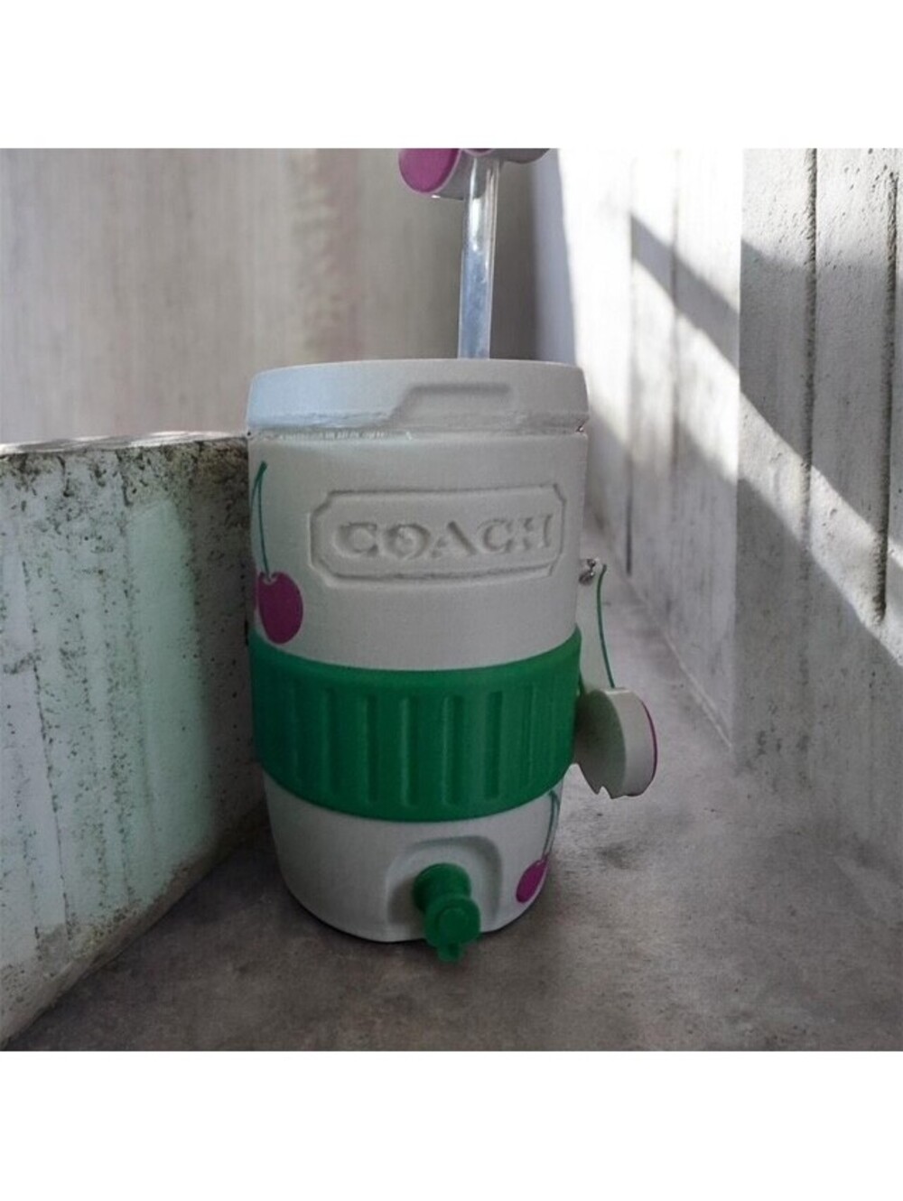 Coach Inspired Cherry Print Drink Cup w/Pink Chain Strap and Green Grip-3d Print